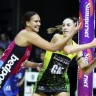 Steel shooter Aliyah Dunn (left) and Pulse defender Kelly Jackson contest possession in the ANZ...