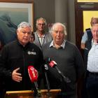 Minister for Emergency Management Mark Mitchell and Tasman Deputy Mayor Stuart Bryant speak to...