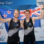 Former Otago rower Ben Mason (left) and Finn Hamill celebrated their World Cup bronze in Italy...
