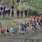 Competitors in the girls’ under-13 grade run across paddocks in Waimumu. PHOTOS: GREGOR RICHARDSON
