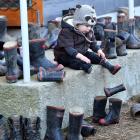 Wilbur Mee, 2, of Hindon, hunts for his Red Band gumboot after dropping it outside the Hindon...