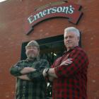 Richard Emerson and Greg Menzies stand outside the Emerson's Brewery in Dunedin. Photo: Frank Film