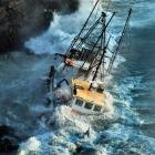 Fishing vessel Tamahine rocks in the waves at Taiaroa Head, at the tip of Otago Peninsula. It...