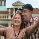 Melbourne couple Kerryn and Danny Robinson take a selfie in front of the Dunedin Railway Station....