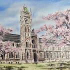A watercolour painting of the University of Otago clock tower building by Dunedin watercolour...
