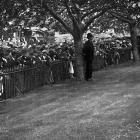 A large crowd watches in the Octagon, Dunedin, as pipers of the visiting Argyll and Sutherland...