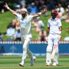 Black Caps bowler Michael Rae celebrates taking a wicket during day one of the second test match...