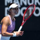 Iva Jovic, of the United States, grimaces as she loses a point during her match against Czech...