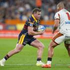 Highlanders hooker Jack Taylor eyes up Chiefs defender Jahrome Brown during the Super Rugby game...