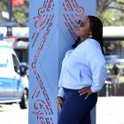 Cruise ship passenger Rachel Soudi stands in front of a new tohu whenua in Stuart St, one of two...