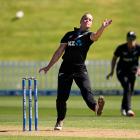 White Ferns seamer Jess Kerr sends down a delivery during the opening ODI against Zimbabwe in...