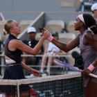 Anastasia Potapova (left) shakes hands with Coco Gauff after winning their third round match on...