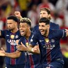 Paris St Germain's Lucas Beraldo, Desire Doue, Warren Zaire-Emery and Illia Zabarnyi celebrate...
