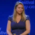 Author Sarah Wynn-Williams sits on stage in silence at Hay Festival. Photo: Instagram