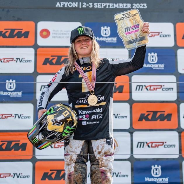 Courtney Duncan celebrates her fourth world motocross championship in Turkey. Photo: Supplied 