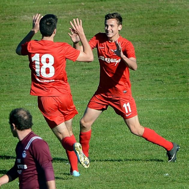 Caversham players Tore  Waechter (left) and Lewis Jackson celebrate a goal during their   Football South Premier League match against Dunedin Technical at  Tahuna Park last April. Photo by Peter McIntosh