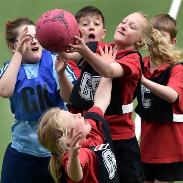 Netballers (from left) Chloe Farr (10), of St Joseph's Cathedral School (Dunedin), and Palmerston School pupils Jake Roberts (9), Anna Carswell (9), Kyle Meason (9) and Abigail Paton (9) (front) go for the ball during the Otago Primary Schools year 5 and 