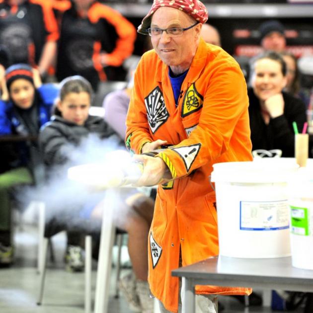 Scientist Tom Pringle, aka Dr Bunhead, on his way to breaking the Guinness World Record for firing potatoes out of a bazooka, in South Dunedin last night. Photo by Linda Robertson 