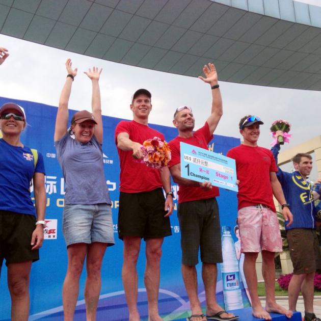 Wanaka athletes (from left) Jess Simson, Dougal Allan, Bob McLachlan and Braden Currie celebrate victory at the Wenzhou Outdoor Challenge in China. Photo supplied.