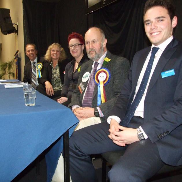 Clutha-Southland candidates at last night's election meeting in Balclutha. From left,  Don Nicolson (Act NZ),  Dr Liz Craig (Labour), Rachael Goldsmith (Greens),  Karl Barkley (Independent Party), and Todd Barclay  (National).  Photo by Hamish MacLean 