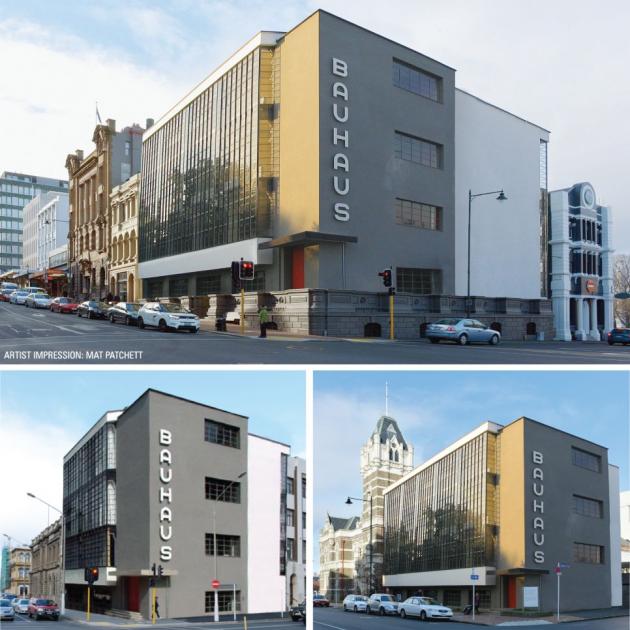 How the replacement of heritage buildings with the Dessau Bauhaus building would look at (clockwise from  top) the former Bank of New Zealand building on the corner of Princes and Rattray Sts,  the Dunedin courthouse, and the former  New Zealand Insurance