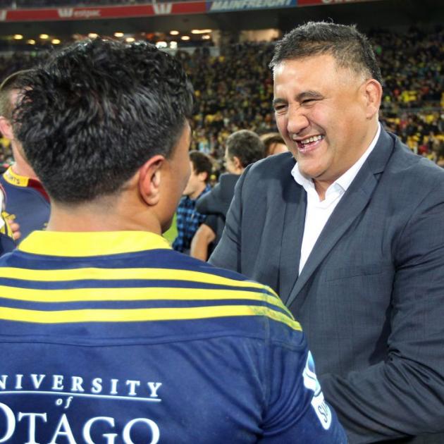 Highlanders coach Jamie Joseph (right) celebrates with Malakai Fekitoa after winning the Super Rugby final against the Hurricanes in July. Photo: Getty Images 