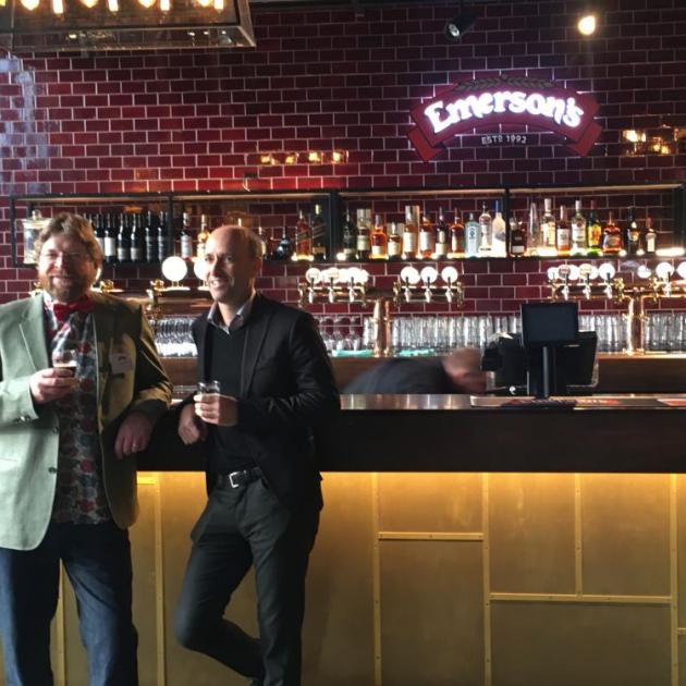 Emerson's founder Richard Emerson and Lion managing director Rory Glass try the beer at the new Emerson's Brewery. Photo: Craig Baxter