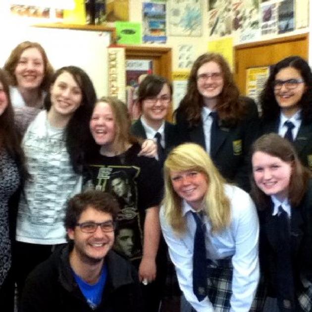 Romain Dunet (front left) with pupils, including Sashika Hendry (top right), in his year 12 Bayfield High School French class in 2013. PHOTO: SUPPLIED