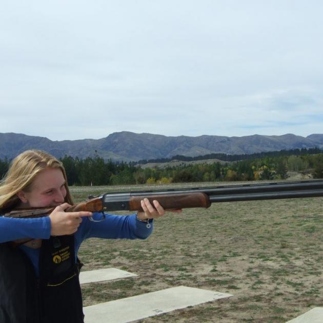 Ruth Bennie shows her style with her 12-gauge trap shooting gun at the Wanaka Gun Club grounds. PHOTOS: CRIS JOHNSTON