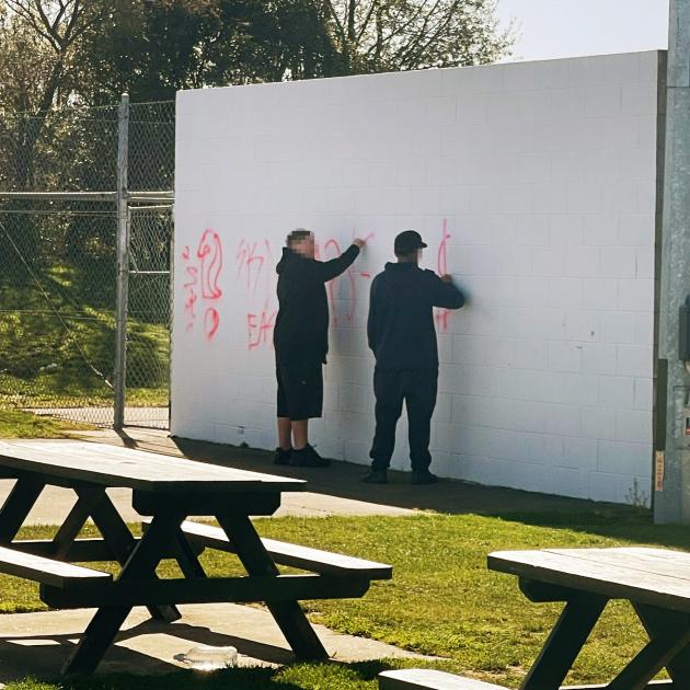 The two teenagers were caught on camera tagging a wall in Rolleston in broad daylight. Photo:...