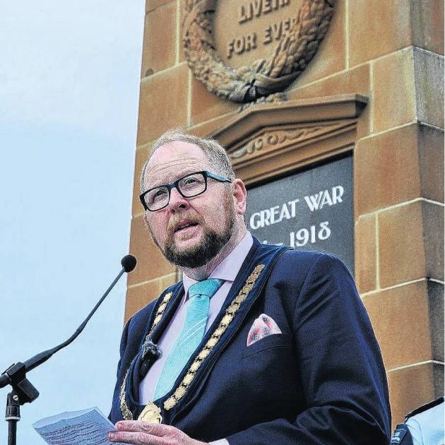 Waimakariri Mayor Dan Gordon speaking at the Anzac Day service at the Rangiora Cenotaph. PHOTO:...