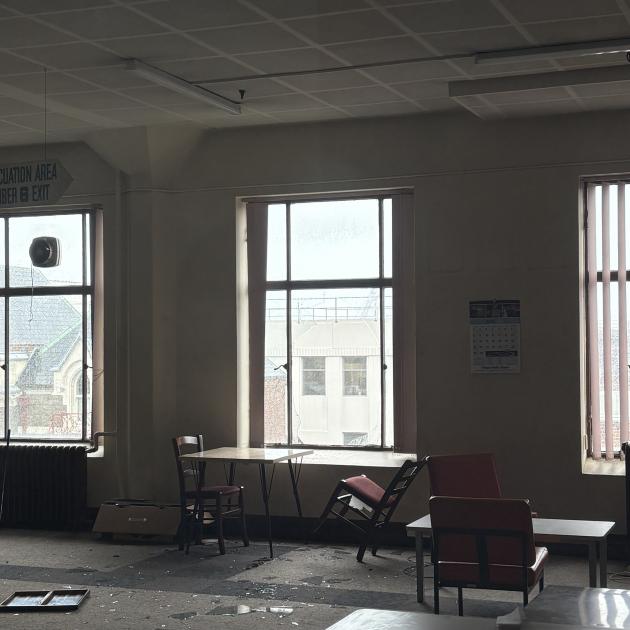 A window blown in at a Dunedin office building. Photo: Supplied