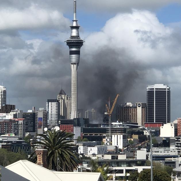 The Sky City fire seen from the suburb of Ponsonby this afternoon. Photo:  Serena Benson