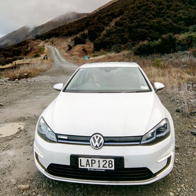 The e-Golf at the bottom of the Ohau Snow Fields access road, newly recharged from the descent....