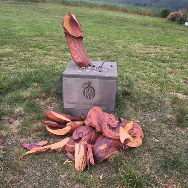 The remains of the destroyed carved pouwhenua at Pony Point Reserve in Cass Bay on Banks...