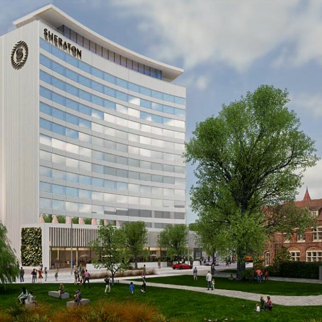 An artist's impression of the completed Sheraton, which is scheduled to open in mid-2027. Image:...
