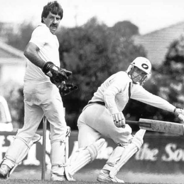 Warren Lees and Bruce Elder (bat). Shell Trophy game at Oamaru, 4/2/88.