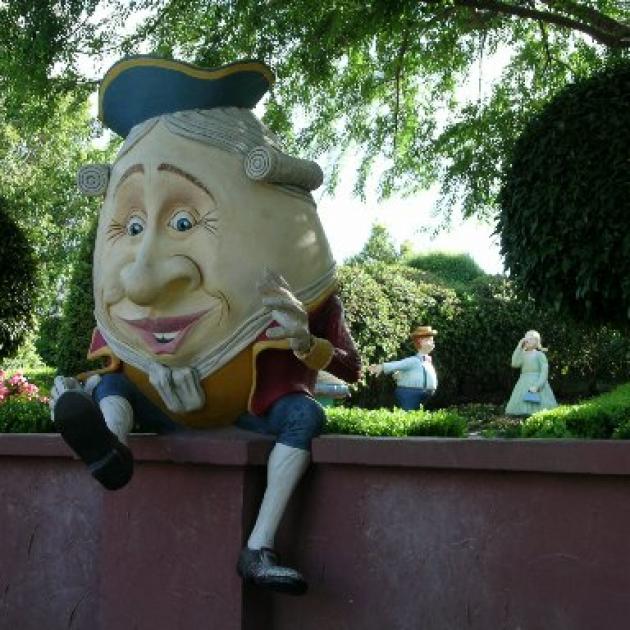 Humpty Dumpty with Gorgie Porgy in an adjacent storybook area at the Hunter Valley Gardens. Photo...