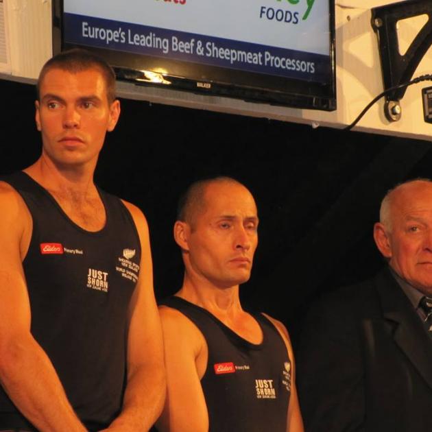 The New Zealand machine shearing team (from left) Rowland Smith, of Hastings, John Kirkpatrick, of Napier, and manager John Hough, of Rakaia, are introduced to the crowd before the machine shearing finals at the Golden Shears World Shearing And Woolhandli