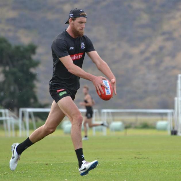 Collingwood defender Lachlan Keeffe (24) trains with his team at the Queenstown Events Centre...