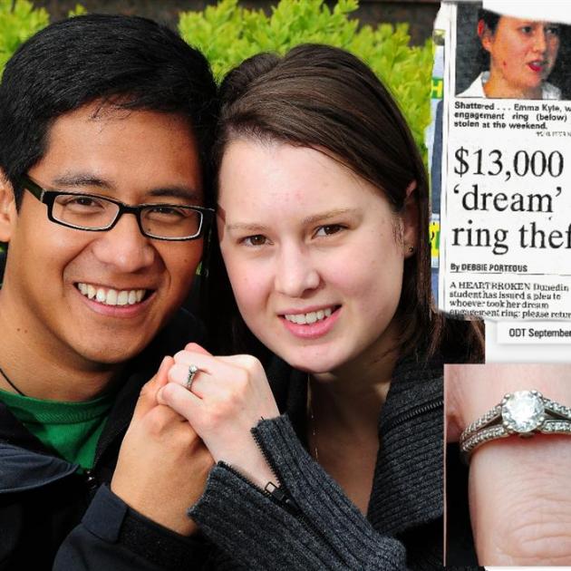 JM Corella and Emma Kyle with their diamond engagement ring, which was mysteriously left in a...
