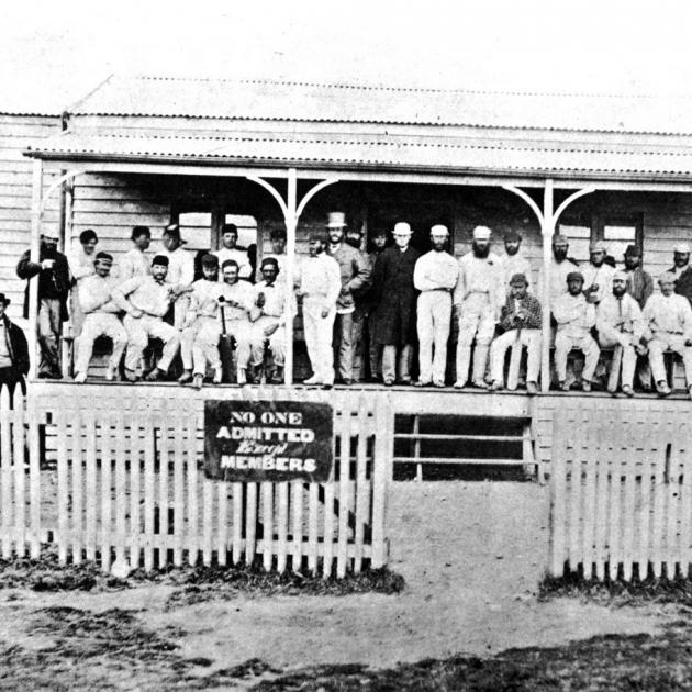 The Otago and Canterbury teams who played the inaugural first-class cricket match in New Zealand in 1864 at Dunedin's Southern Recreation Ground pavilion. Photo by Weekly Press/Canterbury Museum. 