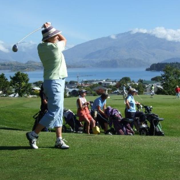 Teeing off at the Wanaka Hirequip charity golf tournament is June Watson of Arrowtown. Photo by Matthew Haggart.