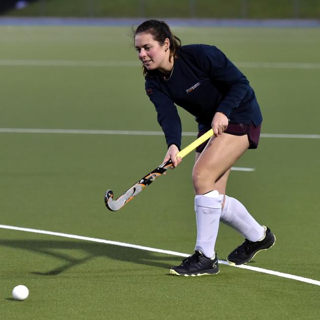 Otago co-captain Tory Dougherty prepares to trap the ball during a training session at the McMillan Hockey Centre on Tuesday night. Photo by Gregor Richardson.