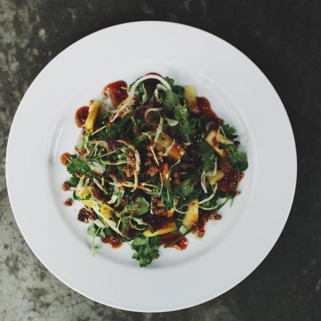 Thai salad of pork, pineapple, chilli caramel and crispy shallots.