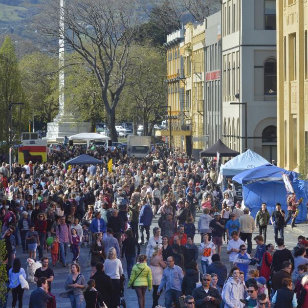 Dunedin's historic warehouse district was packed during today's Vogel St Party. Photo by Gerard O...
