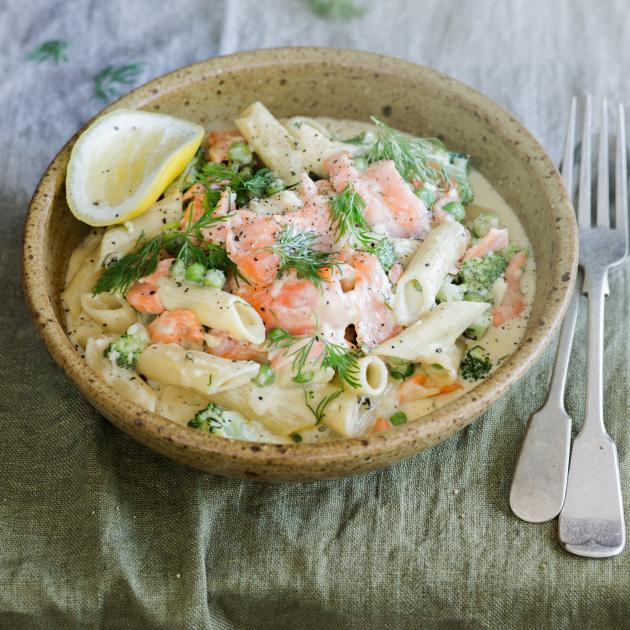 Speedy salmon and broccoli pasta.