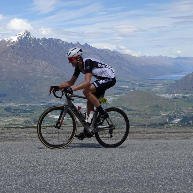 Olympic rower Hamish Bond nears the finish line at Coronet Peak during the third stage of the Tour of Southland yesterday. Bond finished third in the stage, and is in second place overall. Photo by Tracey Roxburgh.