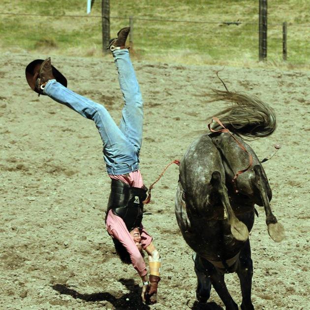 Ethan Jauncey, of Waiau, takes a dive from a horse at the Millers Flat Rodeo Camp in November. Photo supplied.