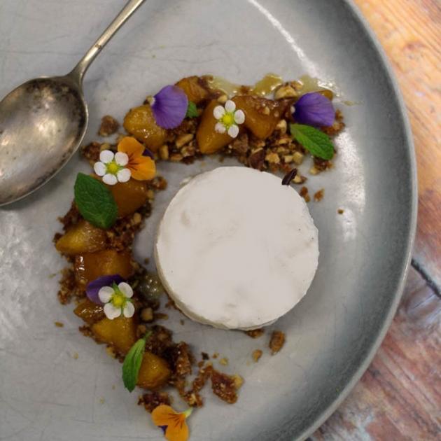 Sophie McLennan’s walnut cake with yoghurt mousse, caramelised fruit and walnut praline. Photos by Dani Johnson.